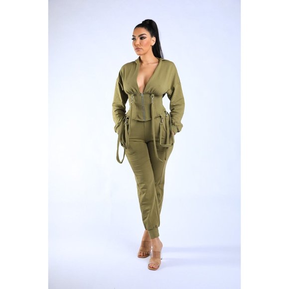 Women's Long Sleeve Zip-Up Strappy Terry Casual Hoodie Two-Piece Set Super Cute - Picture 12 of 12